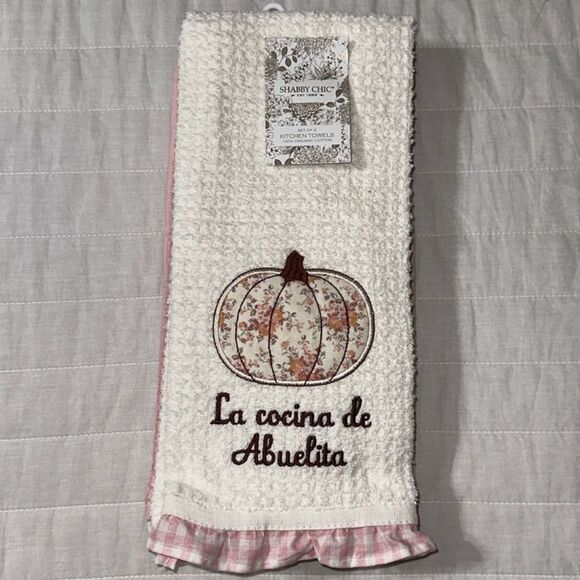SHABBY CHIC White Pink Gingham Ivory Multi Quilted Pumpkin Ruffle Tea Towel Set - Picture 1 of 10